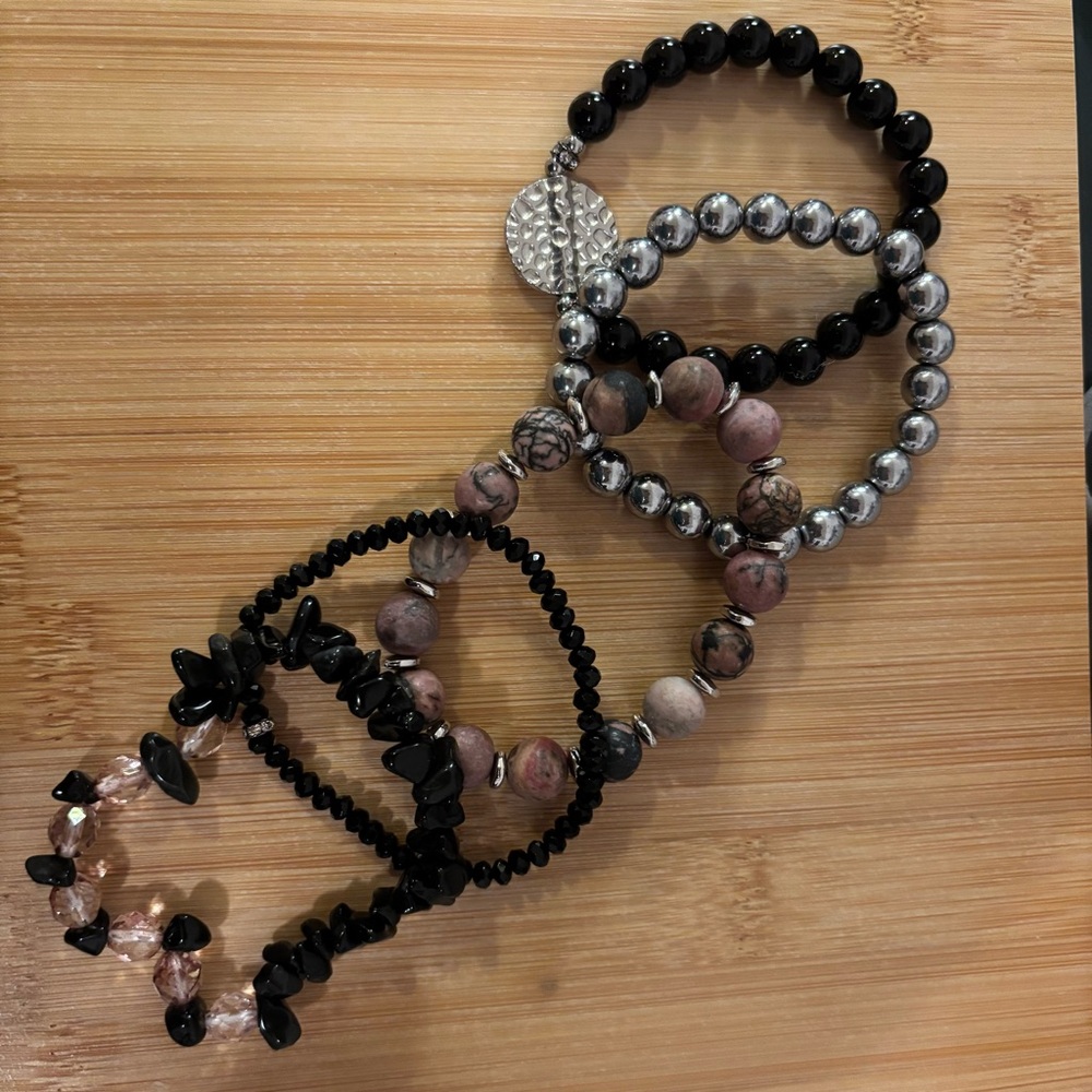 Handmade Rhodonite Onyx Gemstone Bracelet Stack Set of 5 NWT